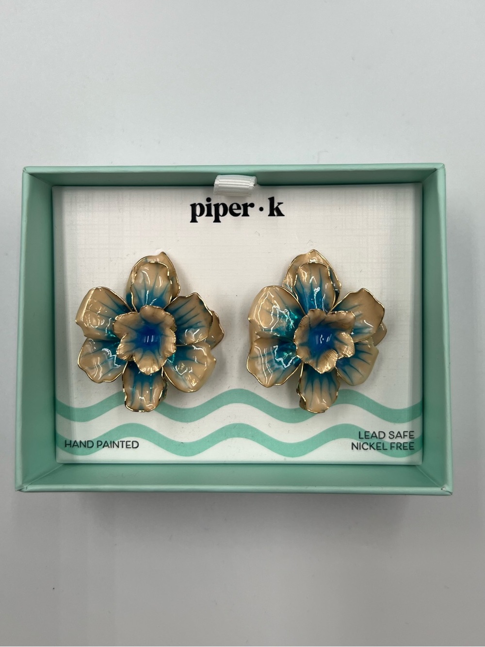 Piper K Blue Teal Flower Stud Earrings Hand Painted Enamel Gold Tone NIB